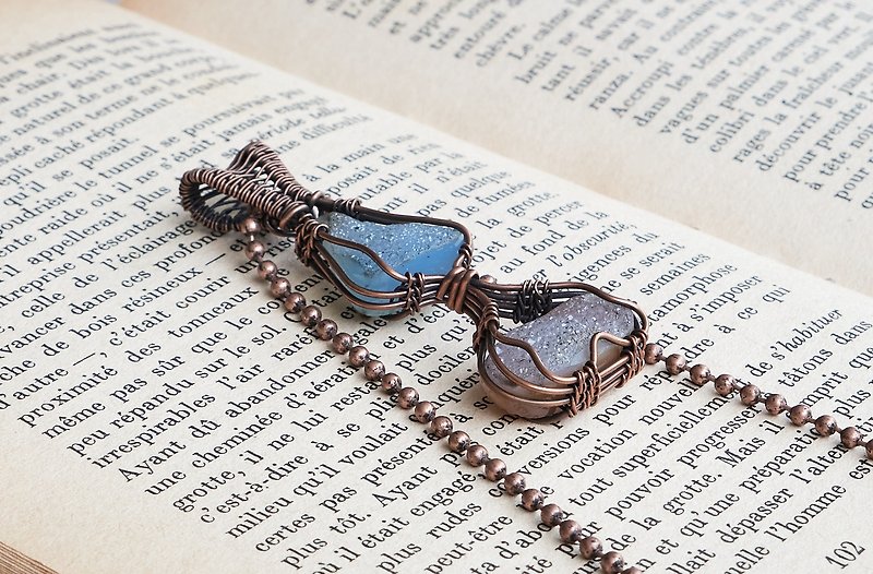 Agate Wire Wrap Pendant Wire Wrap Necklace Druzy Blue Agate Copper Necklace - 項鍊 - 寶石 多色