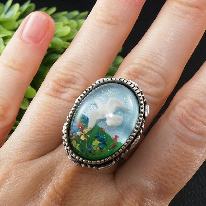 White Dove Bird Adjustable Ring Sky Blue Green Large Silver Boho Ring Jewelry - แหวนทั่วไป - วัสดุอื่นๆ สีน้ำเงิน