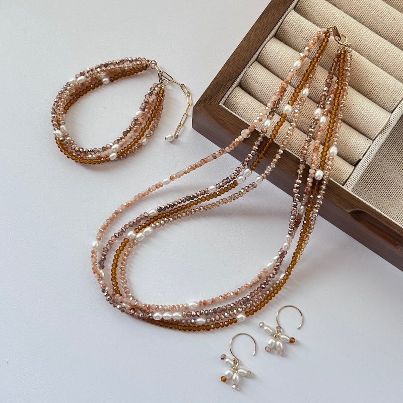 Golden Sand Multi-Strand Necklace Bracelet Earring - สร้อยคอ - ไข่มุก สีทอง