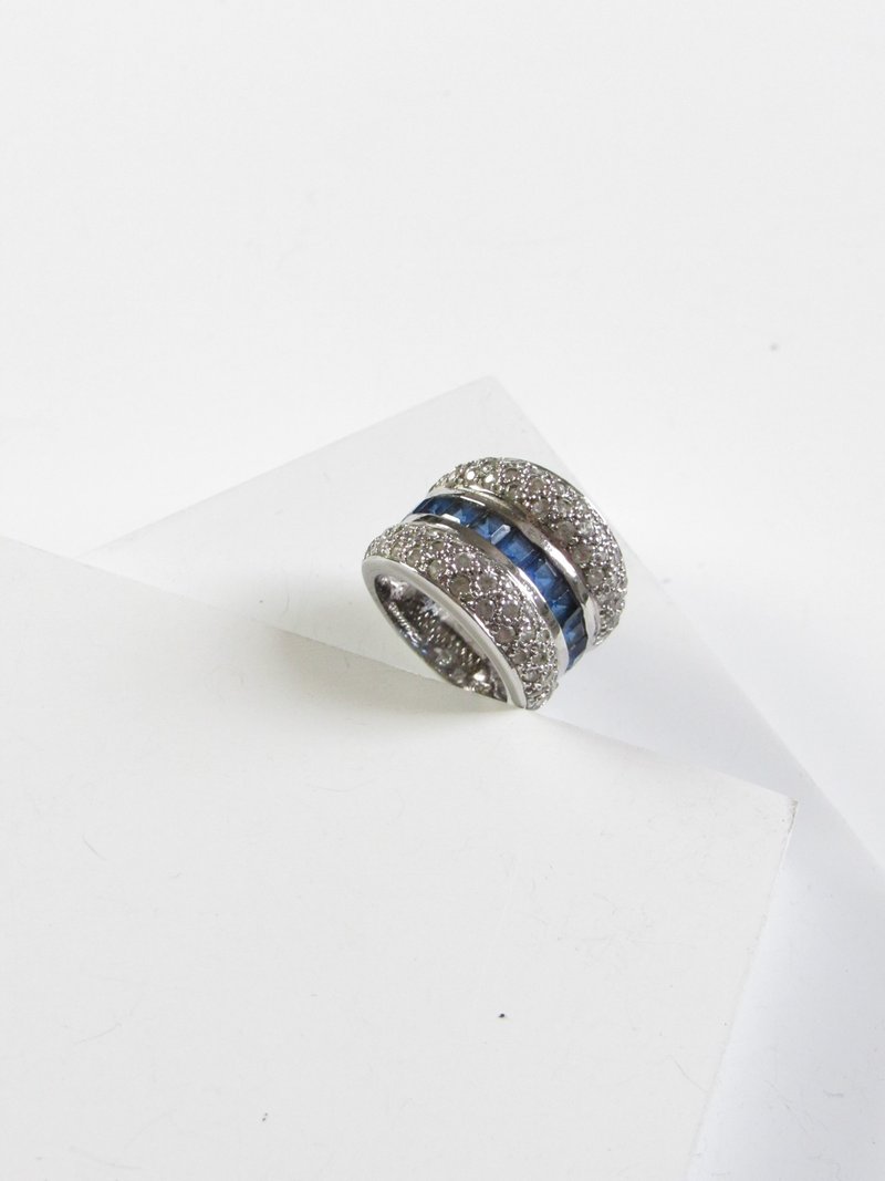 Vintage Baguette Cut Sapphire Diamond Silver Wide Ring - 戒指 - 純銀 銀色