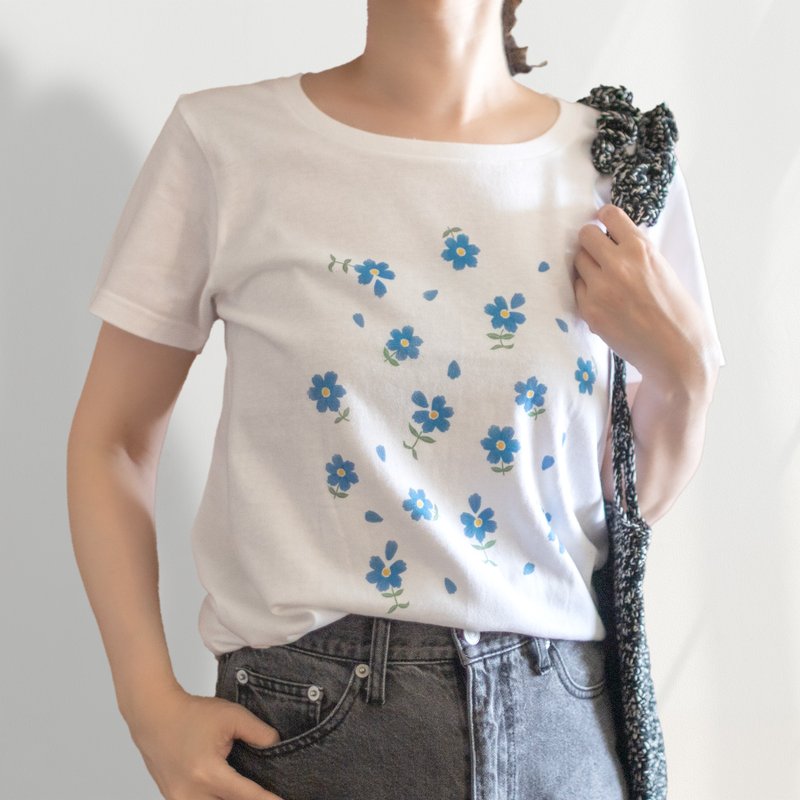 花占いTシャツ / ブルーデイジー - 女 T 恤 - 棉．麻 白色