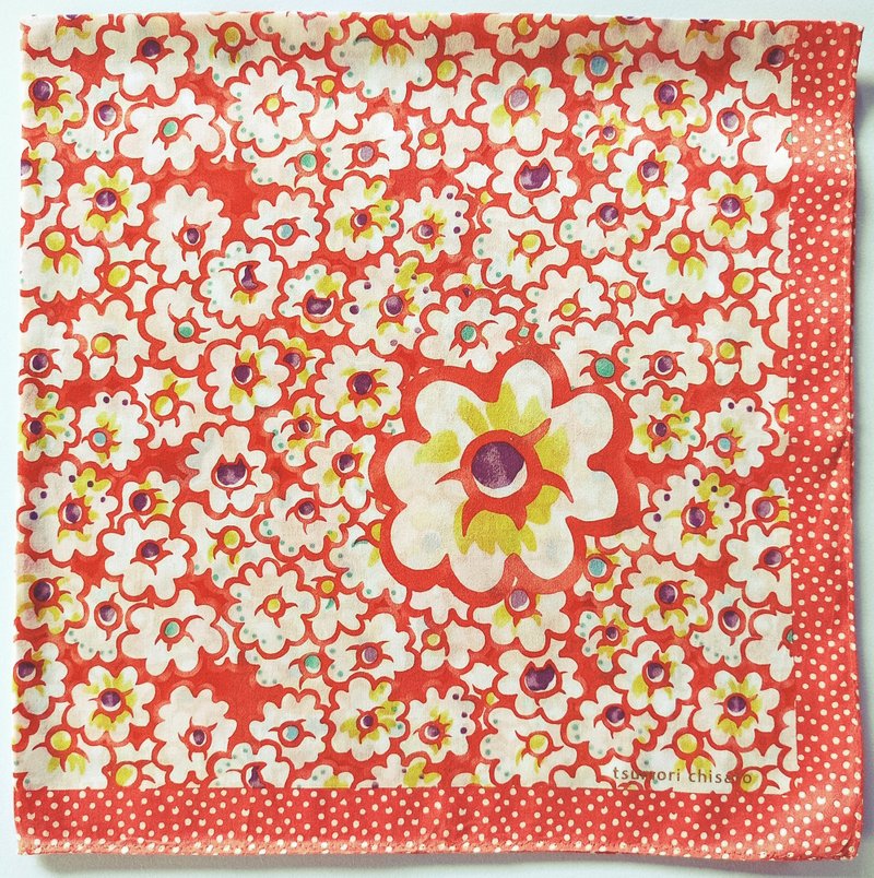 Tsumori Chisato Vintage Handkerchief Orange Floral 23 x 23 inches - 手帕 - 棉．麻 紅色