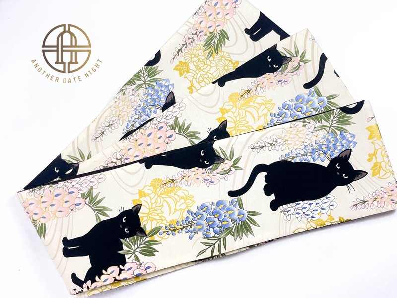 Wisteria Flower & Black Cat Hanhaba Belt, Half-Width Obi for Yukata/Komon Kimono - Belts - Polyester White