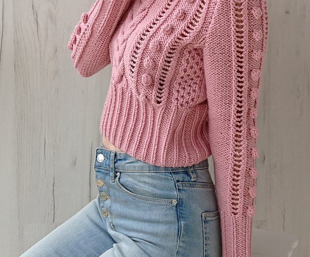 Turtleneck Cable Knit Cropped Sweater in Pink