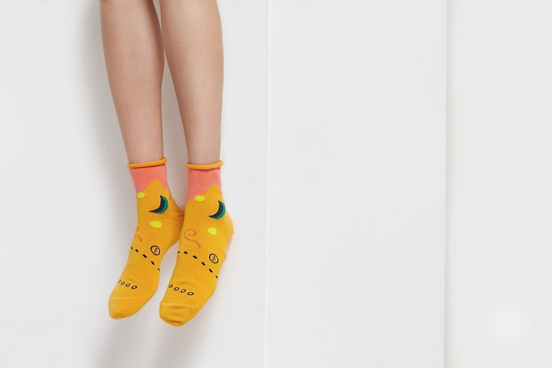 PEEK-A-BOO : Moon & Sun Gold | Socks | Mens Socks | Womens Socks | Colorful Sock - ถุงเท้า - ผ้าฝ้าย/ผ้าลินิน สีส้ม