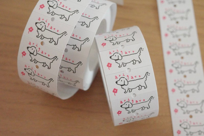 Price marking machine sticker roll dachshund arigato + gray flower - Stickers - Paper White