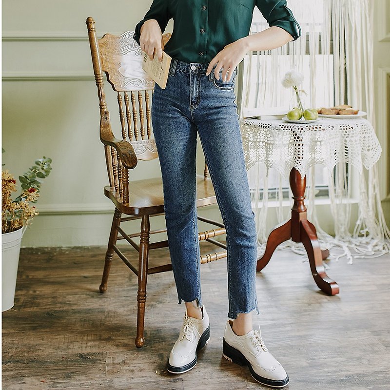 2018 autumn women's new solid color short short long jeans - กางเกงขายาว - ผ้าฝ้าย/ผ้าลินิน สีน้ำเงิน