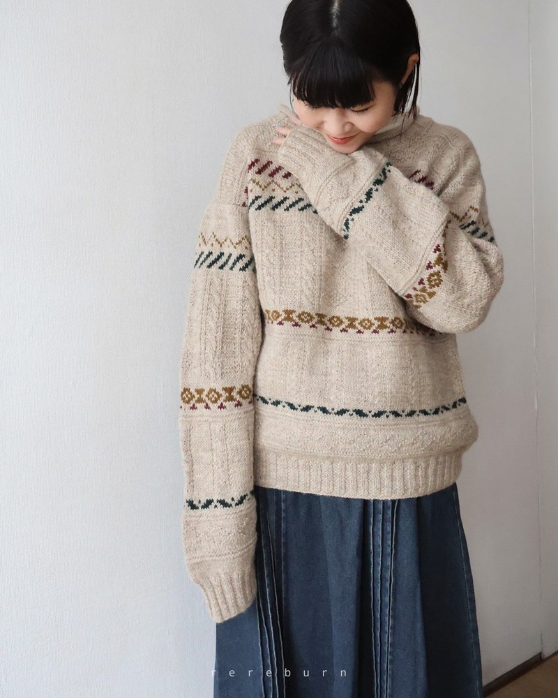 Winter retro neutral geometric knitted loose gray Khaki wool vintage sweater - สเวตเตอร์ผู้หญิง - ขนแกะ สีกากี