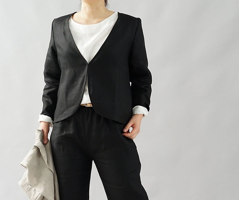 Linen cardigan bolero / black b1-6 - เสื้อแจ็คเก็ต - ผ้าฝ้าย/ผ้าลินิน สีดำ