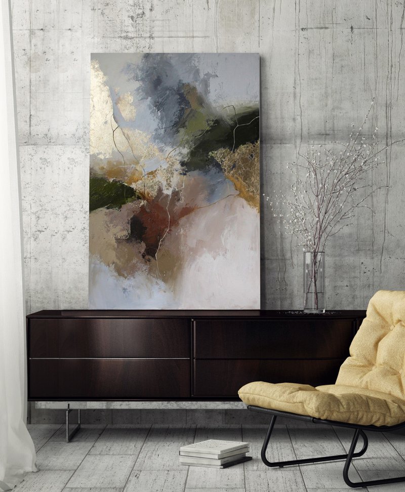 Gray Gold Painting | Gray Gold Abstract | Gray Gold Wall Art | Green Rime - 壁貼/牆壁裝飾 - 棉．麻 灰色
