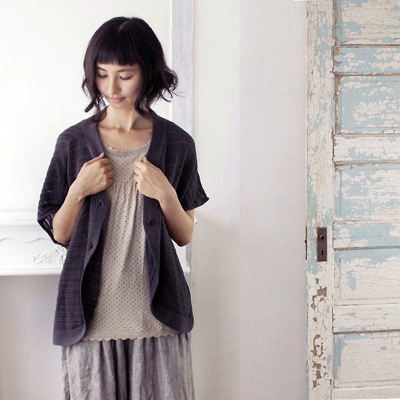 Cotton linen pattern knit cardigan mar-30short - สเวตเตอร์ผู้หญิง - ผ้าฝ้าย/ผ้าลินิน สีเทา