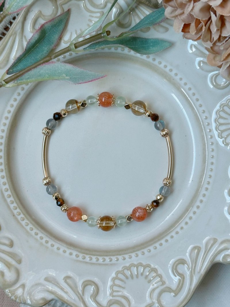 清新橙光 l 阿魯沙 黃水晶 葡萄石 虎眼石 拉長石 水晶手環 - 耳環/耳夾 - 水晶 橘色