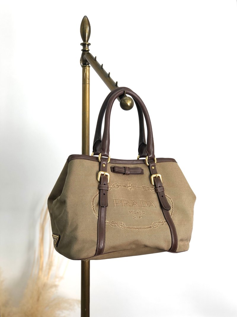 【 日本直送　名牌中古包 】PRADA プラダ トートバッグ ブラウン ロゴ ジャガード vintage ヴィンテージ オールド 7avgyx - 手提包/手提袋 - 棉．麻 咖啡色
