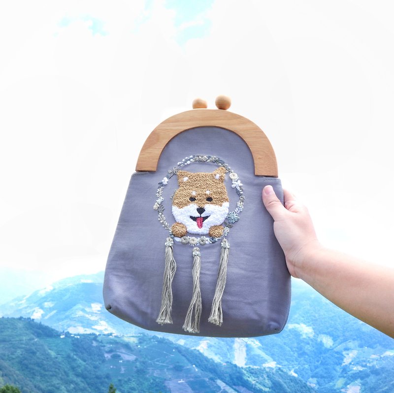 Handmade Embroidery Doggie & Dreamcatcher Bag | Shiba, Grey - Messenger Bags & Sling Bags - Thread Gray