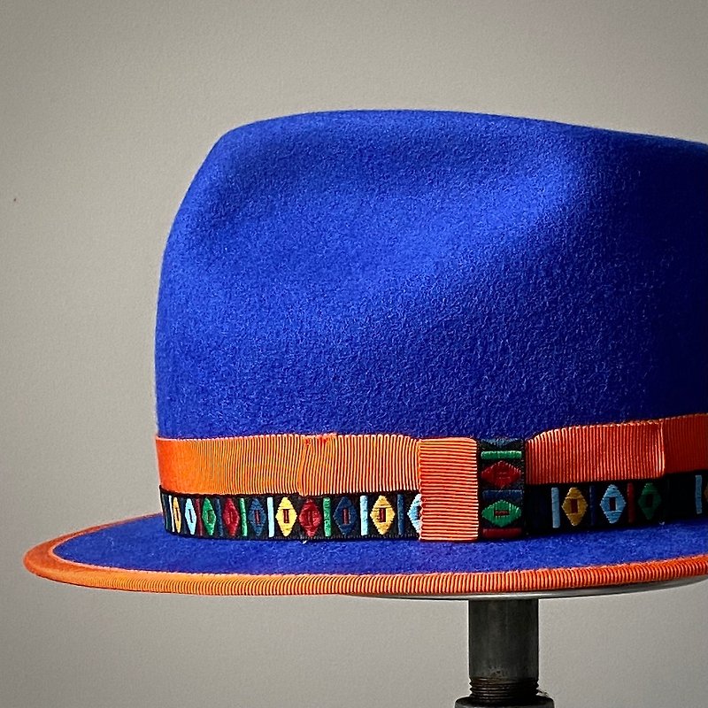 HYOKOU handmade gentleman hat-blue + double ribbon + edging - หมวก - ขนแกะ สีน้ำเงิน