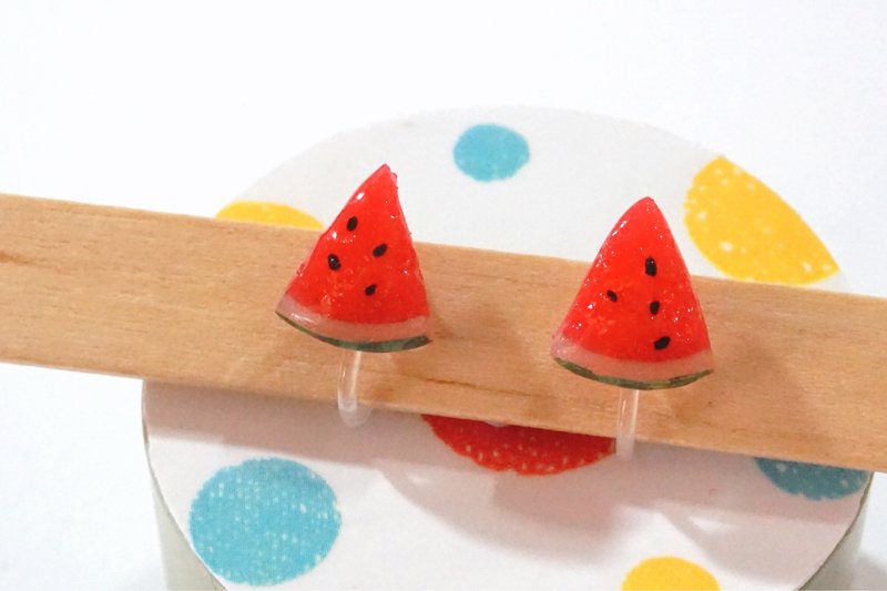 Thoroughly cool watermelon clip earrings | simulation of food clay made of earrings - Earrings & Clip-ons - Clay Red