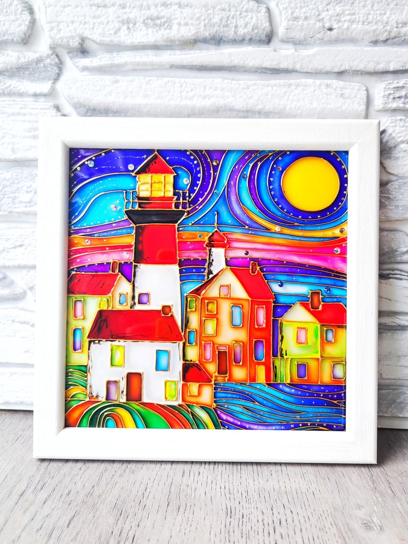 Seaside Lighthouse Original Painting Beautiful sunset Handpainted art Seascape - Wall Décor - Glass Blue