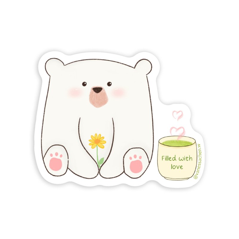 White Bear Sticker, Cute bear and tea sticker, Filled with love sticker - สติกเกอร์ - กระดาษ 