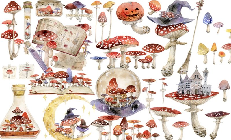 Magic mushroom PET and paper tape collage material - Washi Tape - Paper Red