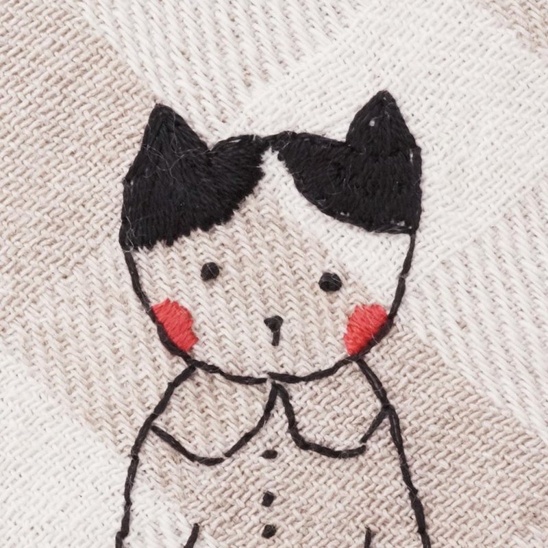 純手工刺繡方巾、手帕-圓領女孩羞羞貓 - 手帕 - 棉．麻 