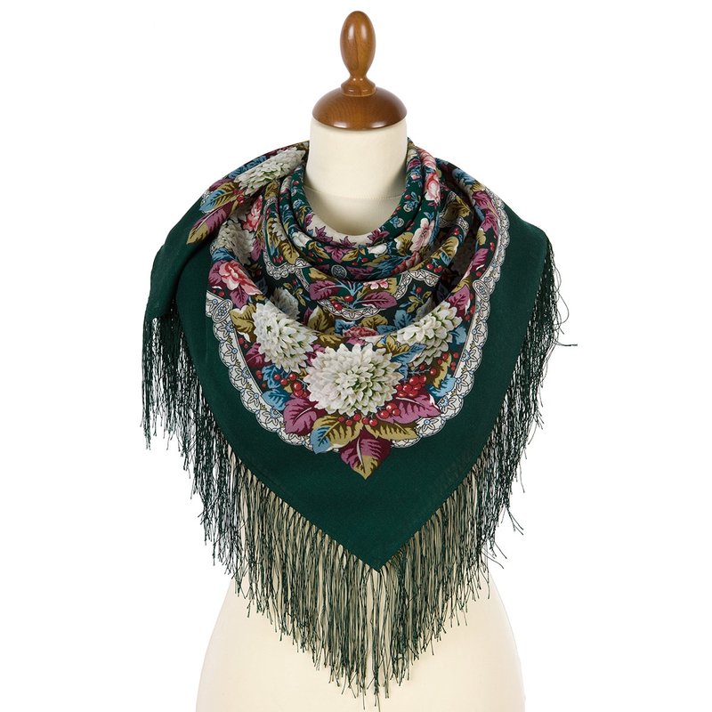 Authentic Pavlovo Posad Russian Shawl Scarf Soft 100% Wool 89x89 cm 1920-9 - 絲巾 - 羊毛 綠色