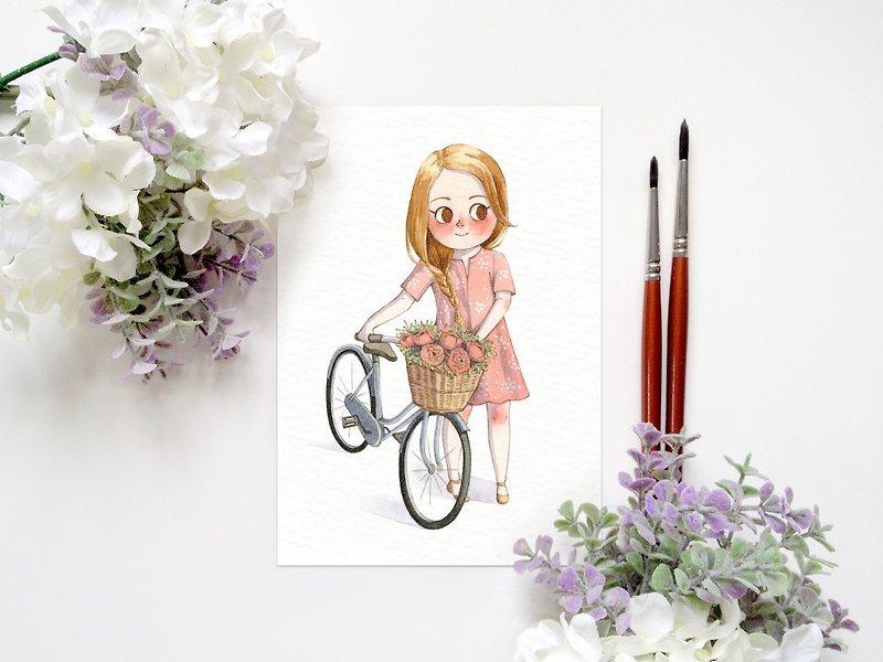 春の女の子：ローズ自転車水彩画イラスト - 高解像度マイクロスプレーコピー絵画A6 - ポスター・絵 - 紙 レッド