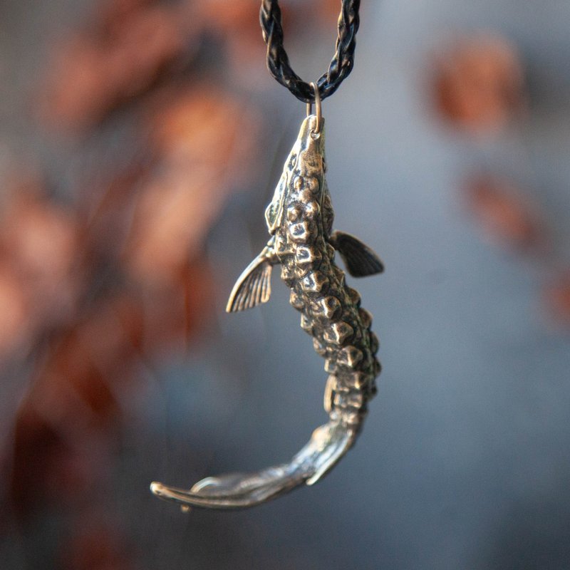 Fish sturgeon leather necklace. Sea handcrafted jewelry. Ocean unique pendant. - 項鍊 - 其他材質 橘色