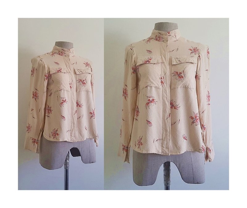 Vintage Beige Floral Print Rayon Blouse - Women's Tops - Polyester 