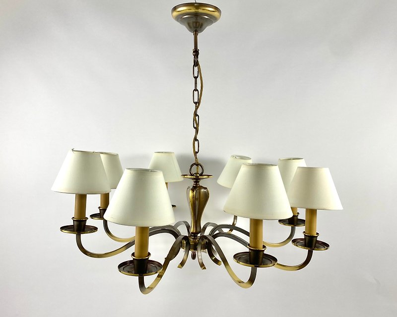 Vintage Chandelier Brass Eight Lamps With Lampshades, Deknudt, Belgium, 1970s - Lighting - Other Metals Gold