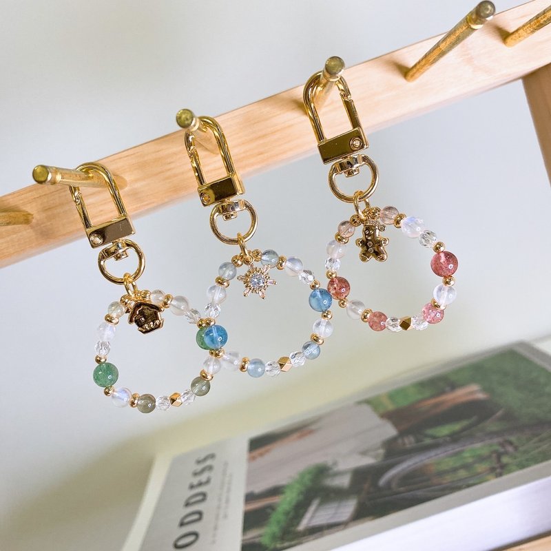 Christmas limited mini crystal ore elastic key ring charm strawberry crystal green strawberry aquamarine - Bracelets - Crystal Pink