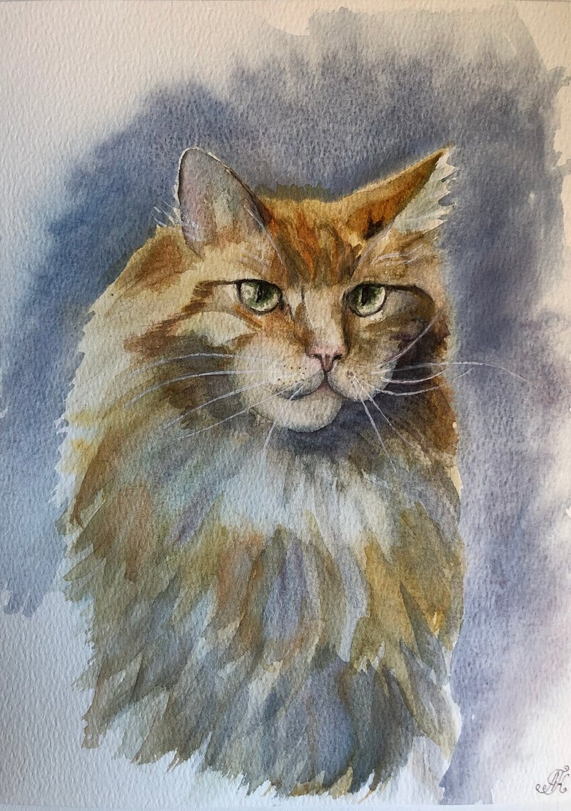 Cat original watercolour painting animal portrait wall art - ตกแต่งผนัง - กระดาษ สีกากี