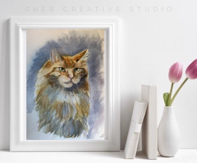 猫オリジナル水彩画動物ポートレートウォールアート - ショップ