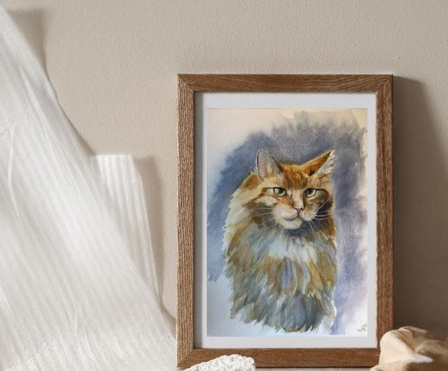 猫オリジナル水彩画動物ポートレートウォールアート - ショップ