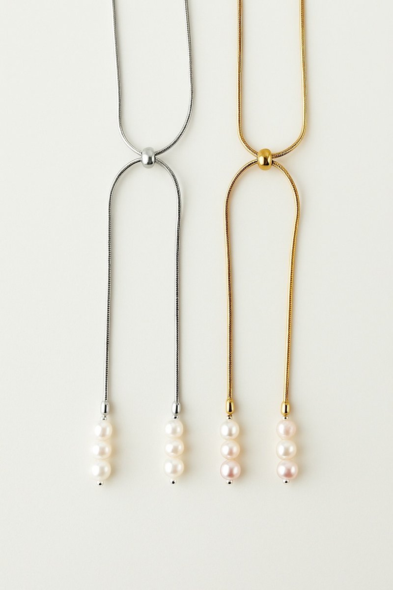 淡水パール　スネークチェーン　ロングリボンネックレス　サージカルステンレス　ゴールド　着脱簡単　スライドボール　上品　シンプル　洗練　お出かけ　デイリーユース - 項鍊 - 其他金屬 白色