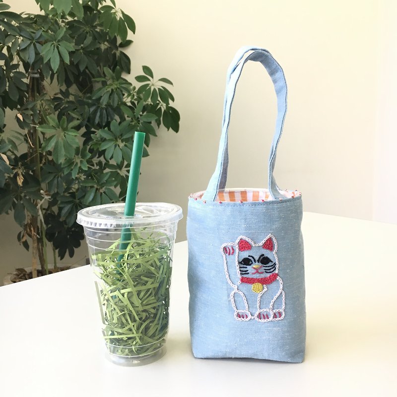 Cafe bag invitation cat right hand - กระเป๋าถือ - ผ้าฝ้าย/ผ้าลินิน สีน้ำเงิน