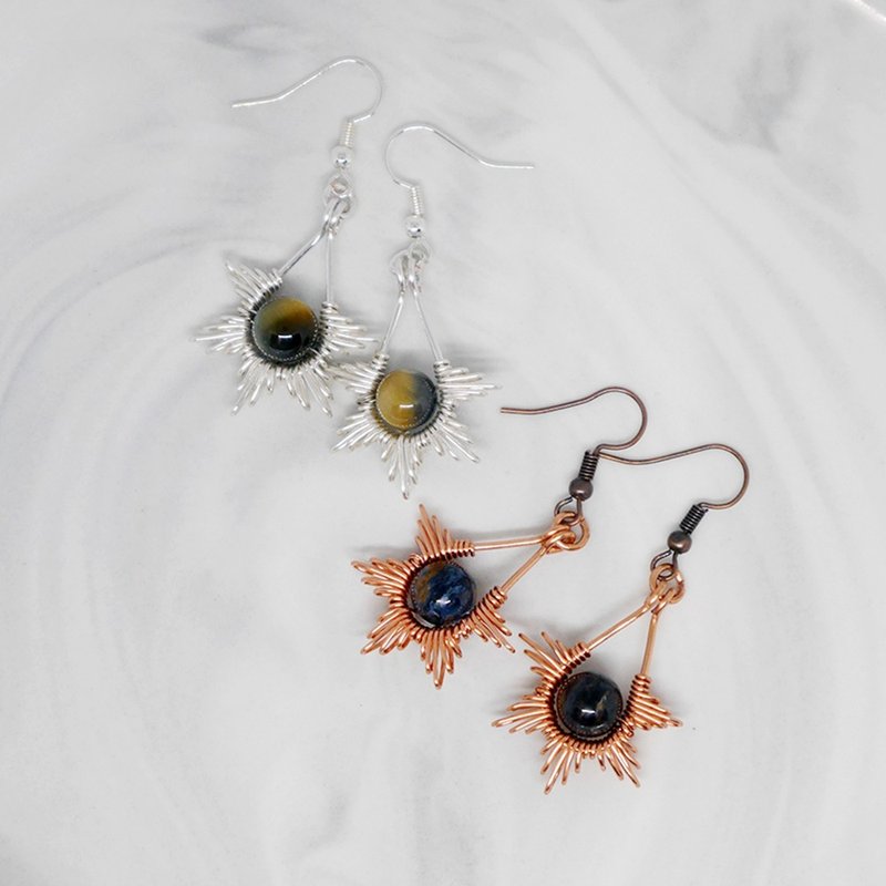 【Yuemu. Pleasant to the eyes] Glorious Galaxy - Peter Stone or yellow and blue tiger's eye - metal wire braiding - earrings - ต่างหู - เครื่องประดับพลอย 