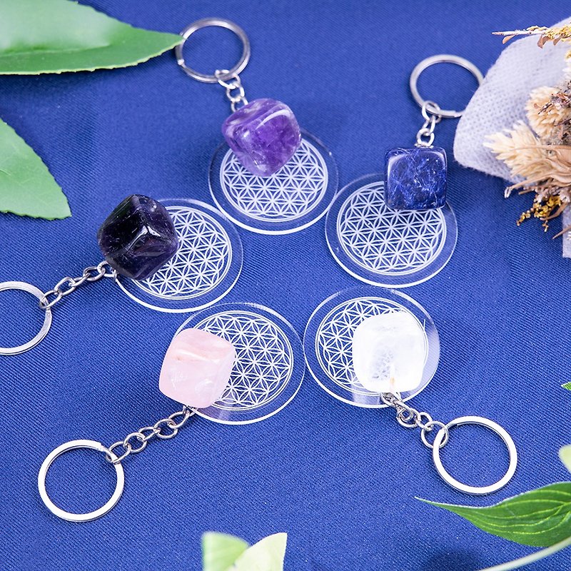 Flower of life charm mobile phone charm key ring energy stone lapis lazuli pink crystal white crystal amethyst obsidian - Other - Resin 