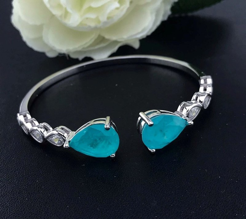 Paraiba Tourmaline Bracelet, Blue Paraiba Tourmaline Bangle, Paraiba Cuff Bangle - สร้อยข้อมือ - โลหะ สีเงิน