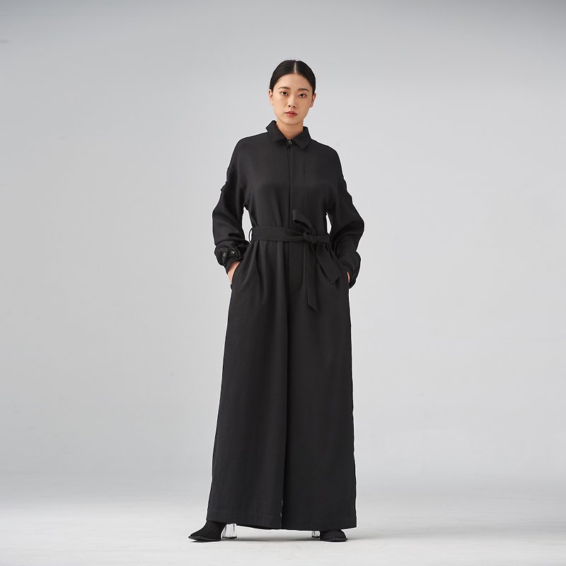 Black wool-blend twill jumpsuit - จัมพ์สูท - ขนแกะ สีดำ