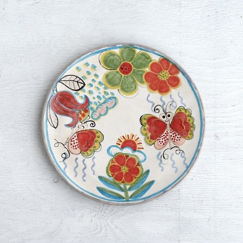 春信工房JAPAN 赤いチューリップと蝶絵の平皿