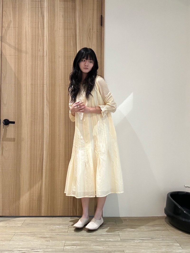 二層配色ステッチワンピース - ワンピース - シルク・絹 イエロー