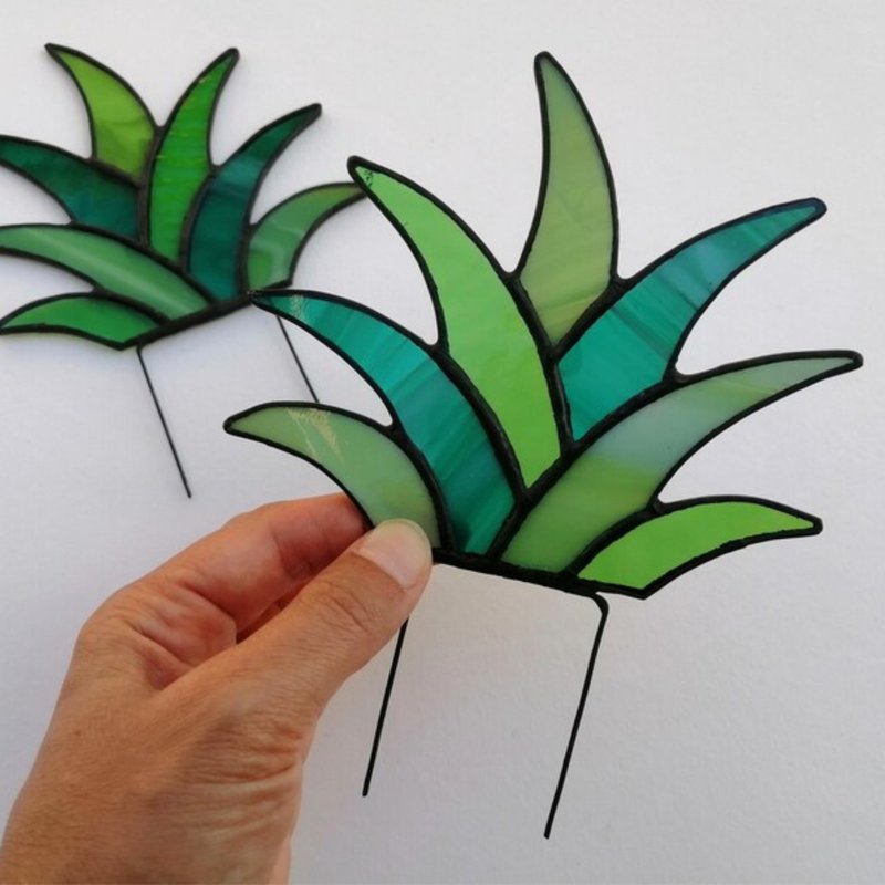 Agave Stained Glass Plant Stake Set of 2 (No Pot), Succulent Home Garden Decor - ตกแต่งต้นไม้ - แก้ว สีเขียว