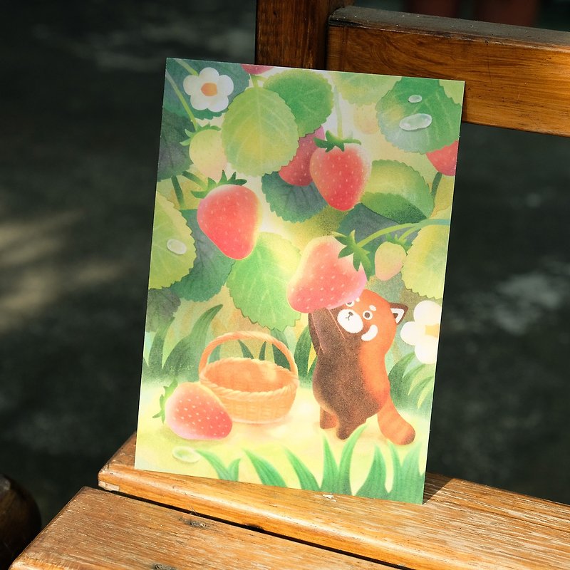 Postcard 500 Thick Pounds - Red Panda Picking Strawberries - Cards & Postcards - Paper White