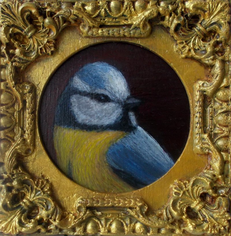 Small blue Tit bird painting in frame Gift idea Mini art Miniature Ready to hang - ตกแต่งผนัง - วัสดุอื่นๆ หลากหลายสี