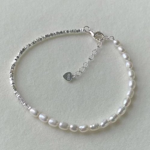 Angel's tears 天使之淚 Jewelry Design 天然原色淡水米型珍珠 純銀碎銀子設計單圈手鍊s