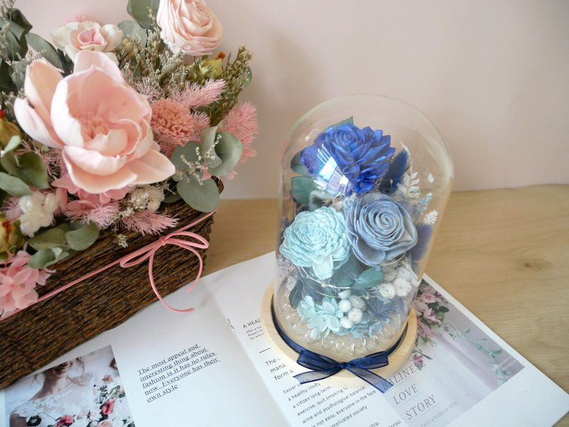 乾燥花玻璃罩夜燈【海洋之心】新婚/情人節禮物/生日禮物/客製化 - 燈具/燈飾 - 植物．花 藍色