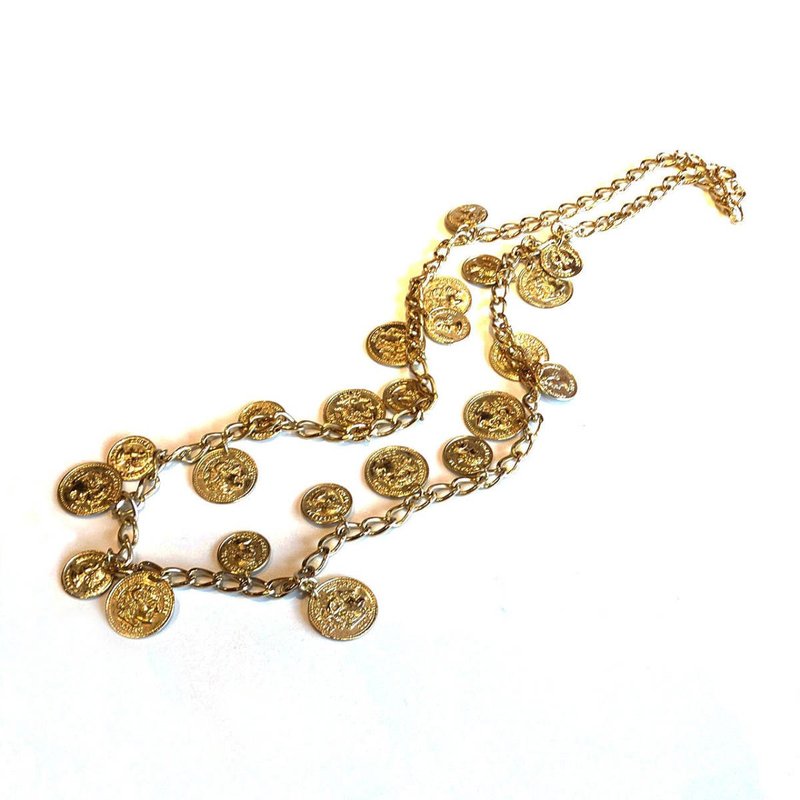 80s Vintage gold metal coin necklace - สร้อยคอ - โลหะ สีทอง