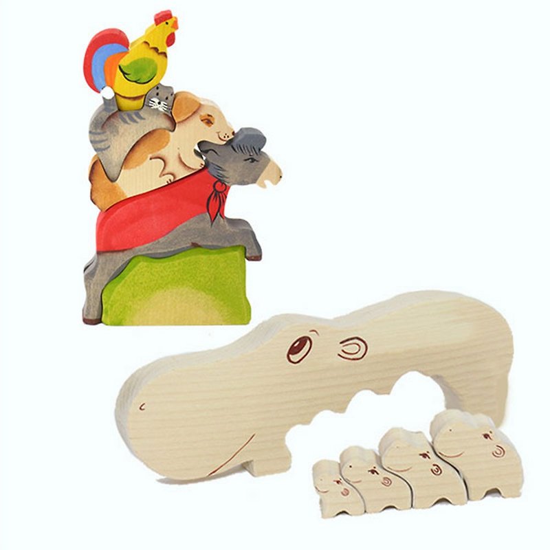ロシアのビルディングブロック - ブナの妖精 - ブレーメンバンドジェンガ+カバファミリー - 知育玩具・ぬいぐるみ - 木製 