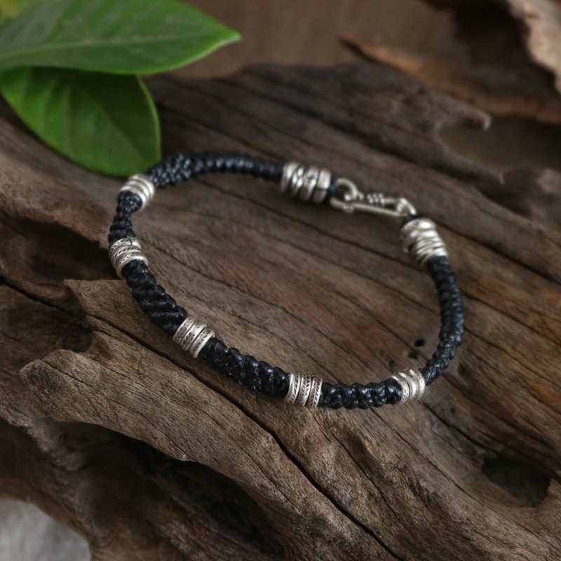 Tribal Handwoven Wax Cord Bracelet with Karen Silver Beads and Clasp For Unisex - Bracelets - Sterling Silver Black