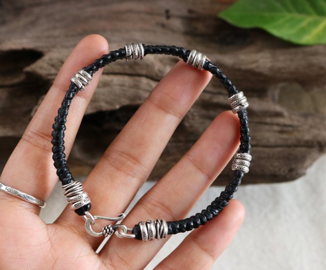 カレン族シルバービーズ ワックスコードブレスレット、男女兼用